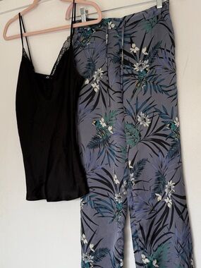 Etam Paris Black Lace Cami & Tropical Print Satin Pants Set